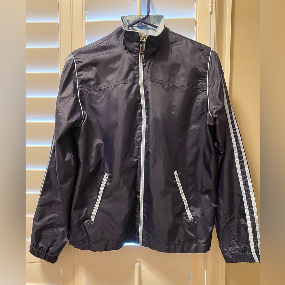 Women's EVR Sport Windbreaker Blue Striped Sleeves Pockets Size Petite Small‎